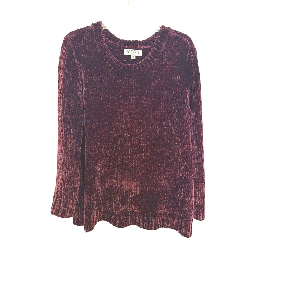 Orvis Chenille Sweater Women Large Burgundy Excellent Velvet Knit Crewneck